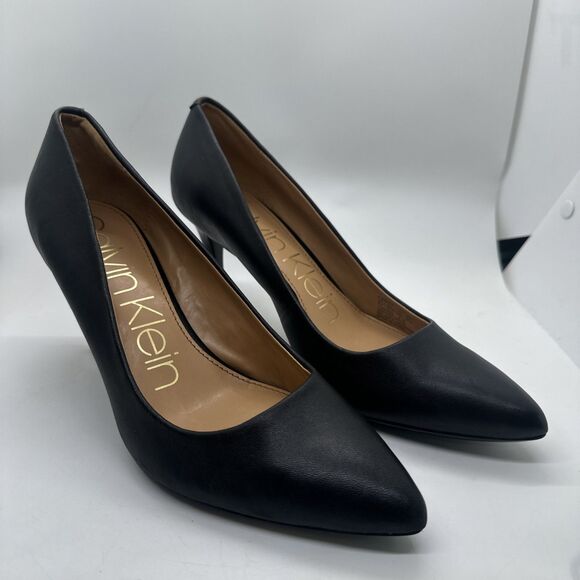 Calvin Klein Black Kamara High Heels Size 8.5 Womens 34E9904 Leather Pointed Toe - Picture 1 of 16